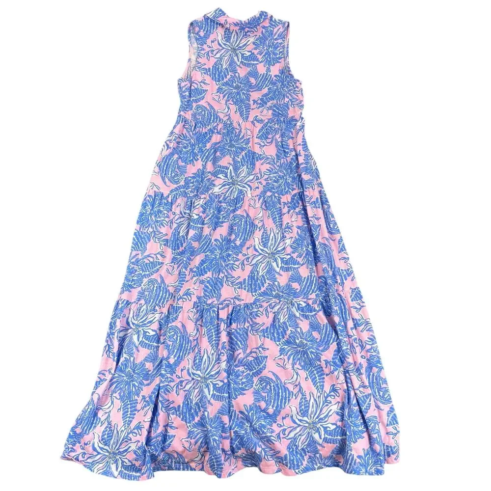 Lilly Pulitzer Girls XL 12-14 Pink Blue Floral Maxi Dress Coastal Preppy